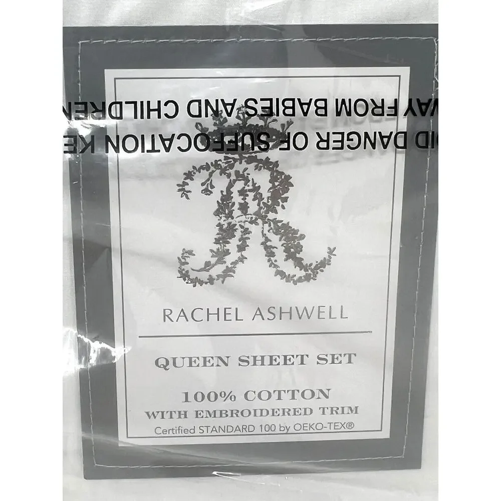 Rachel Ashwell Embroidered Eyelet Hem QUEEN Sheet Set White All Cotton NIP